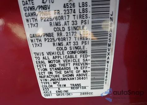 2010 Nissan Rogue Sl z USA, uszkodzony, nr VIN JN8AS5MVXAW136401